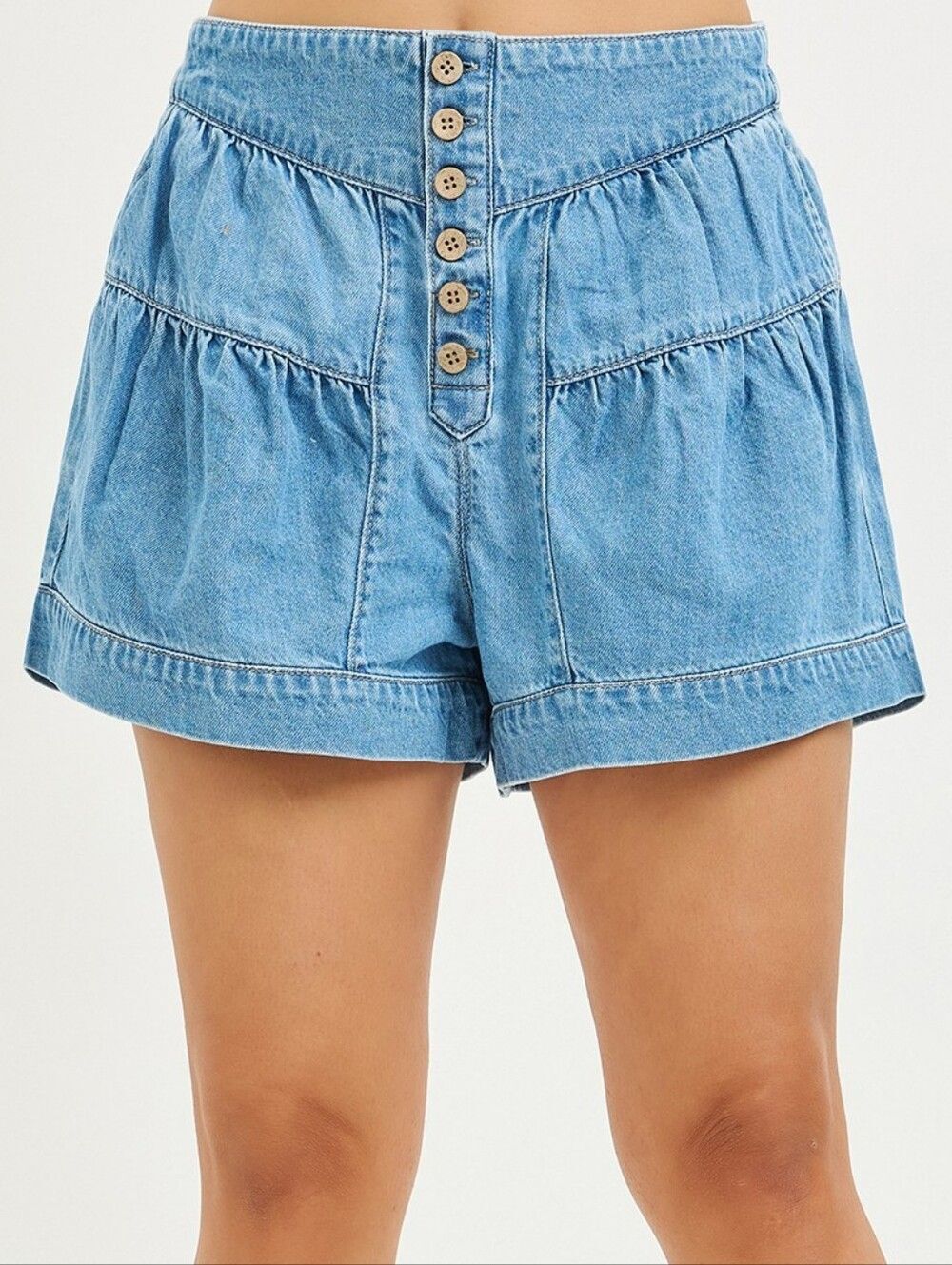 RISEN Elastic Band Slouchy High-Rise Light Blue Denim Shorts Button Accents Smal